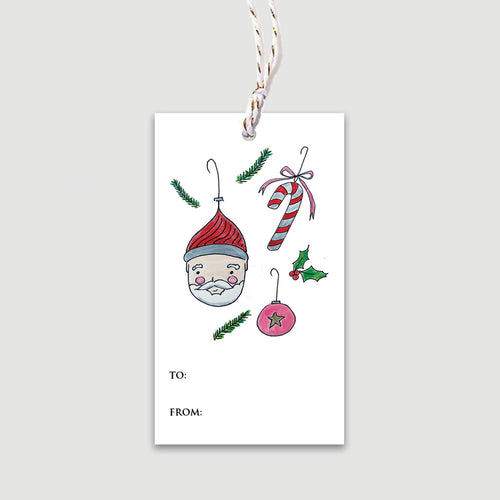 Classic Christmas ornaments featuring a jolly Santa, candy cane and pink glass ball ornament with a star - this will adorn cuteness to any present, bottle of wine or wrapped baked goods! Festive ties and space to fill in 