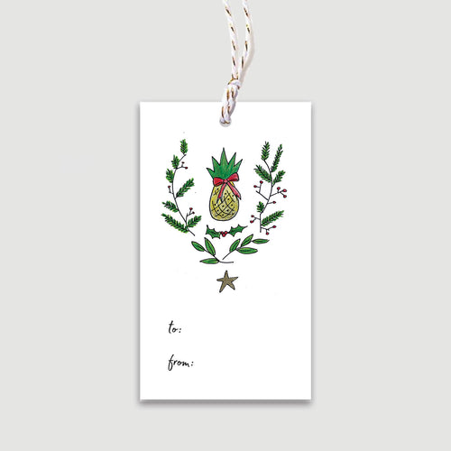 Classic tropical pineapple with evergreens and a starfish for a coastal flair - this will adorn any wrapped present, baked goods or bottle of wine - with festive ties and space for 