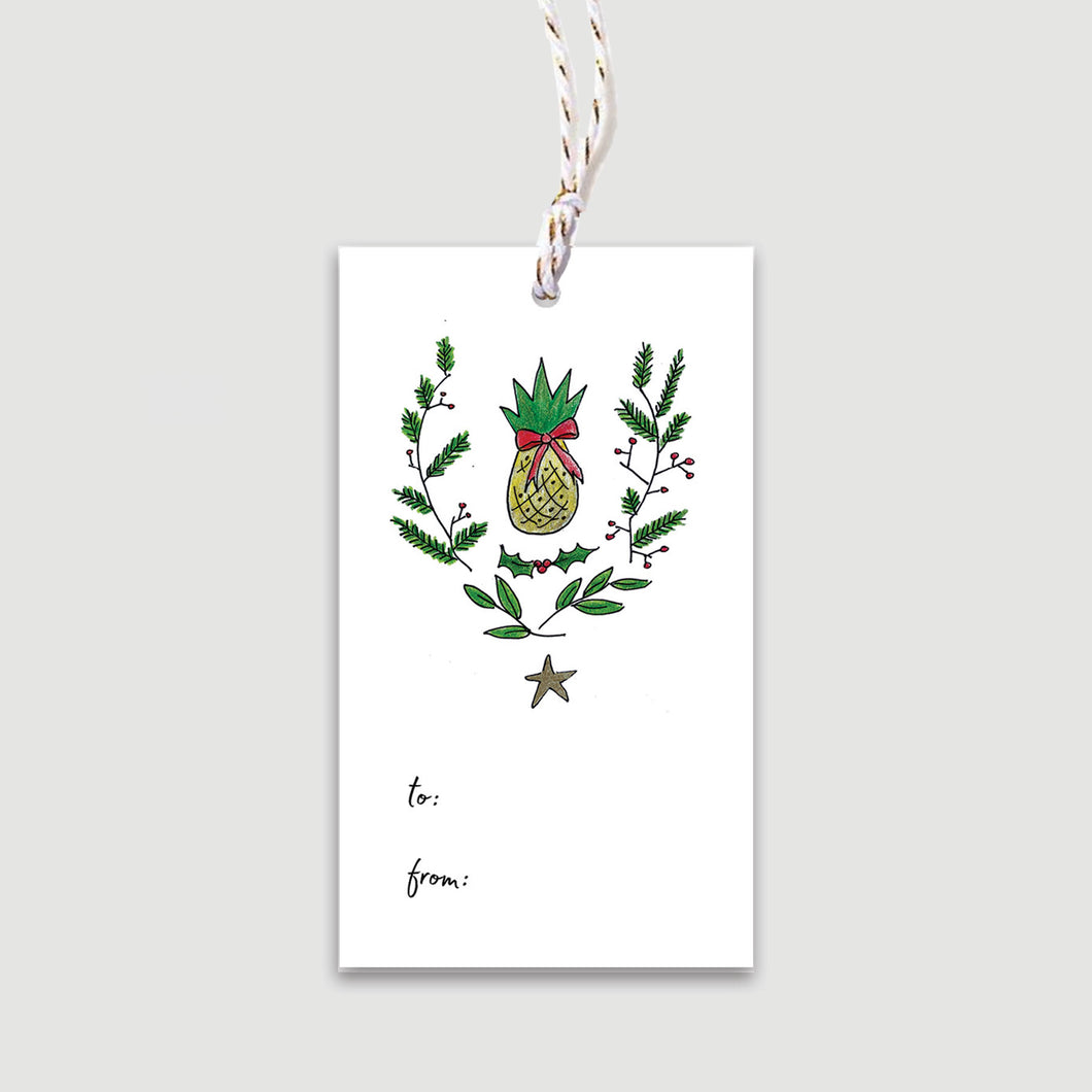 Classic tropical pineapple with evergreens and a starfish for a coastal flair - this will adorn any wrapped present, baked goods or bottle of wine - with festive ties and space for 